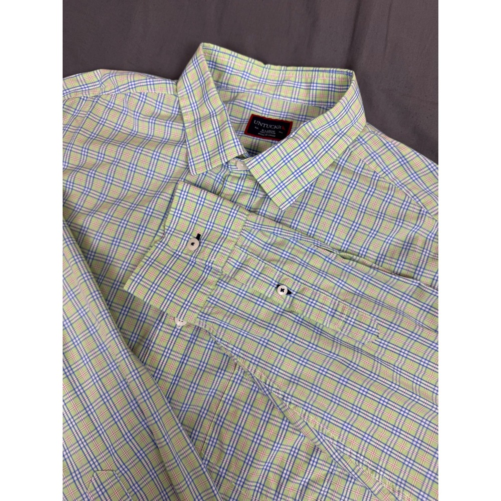 UNTUCKit Mens XL Plaid Button Up Shirt Light‎ Green White Blue Long Sleeve